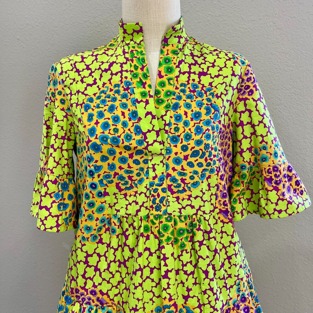 Handmade Boho Lime Green tiered dress with ruffle and ruffled sleeves, Size 10 - Picture 5 of 7